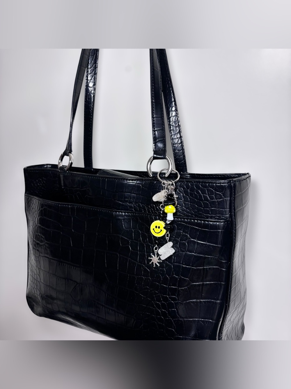Vintage Black Croc-Embossed Patent Leather Tote Bag